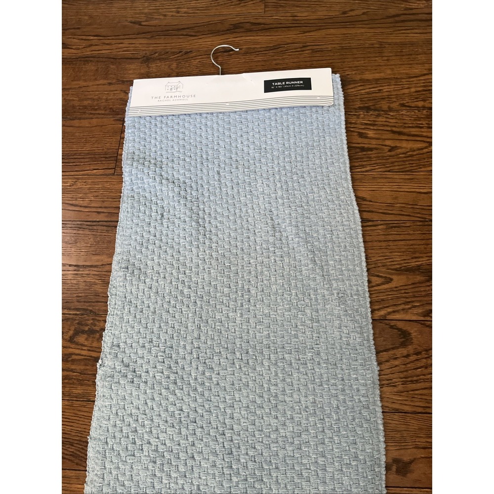 The Farmhouse Rachel Ashwell Table Runner Light Blue Woven Fringe 16" x 90" NWT
